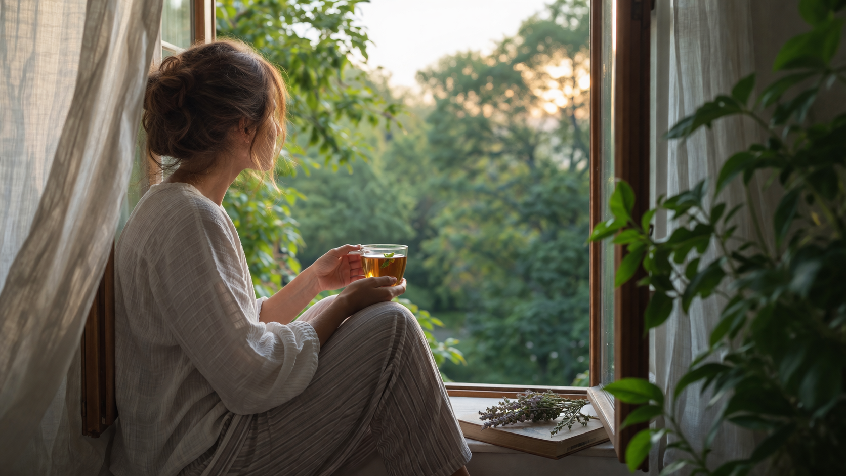 Serene morning scene with a person sitting by an open window with a cup of herbal tea, soft natural light, green plants, calm atmosphere, lifestyle photography