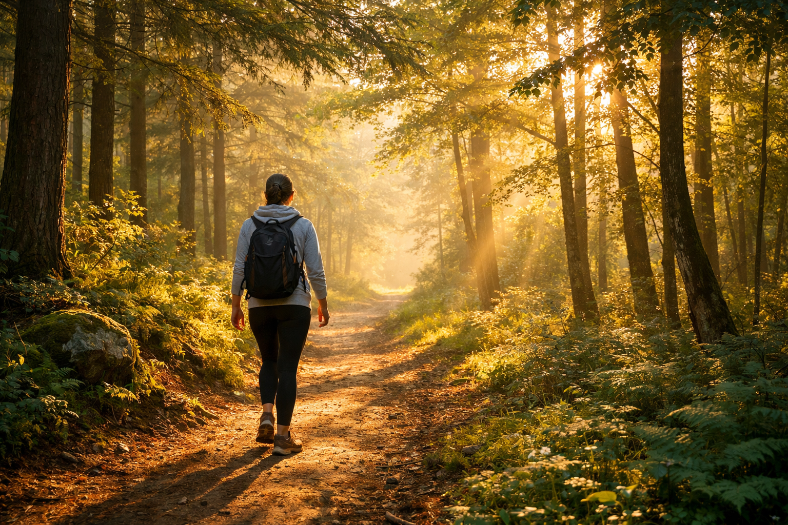Person walking on a peaceful forest path during golden hour, dappled sunlight through trees, wellness lifestyle, outdoor activity, calm nature scene
